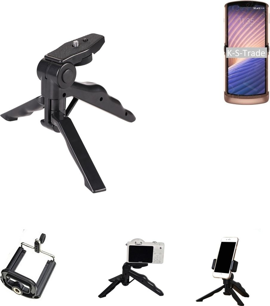 K-S-Trade Stativ Tisch-Ständer Dreibein Handy-Stativ Ständer kompatibel mit Motorola Moto G9 Power Mini-Stativ Smartphone Tripod Handy-Stativ aus