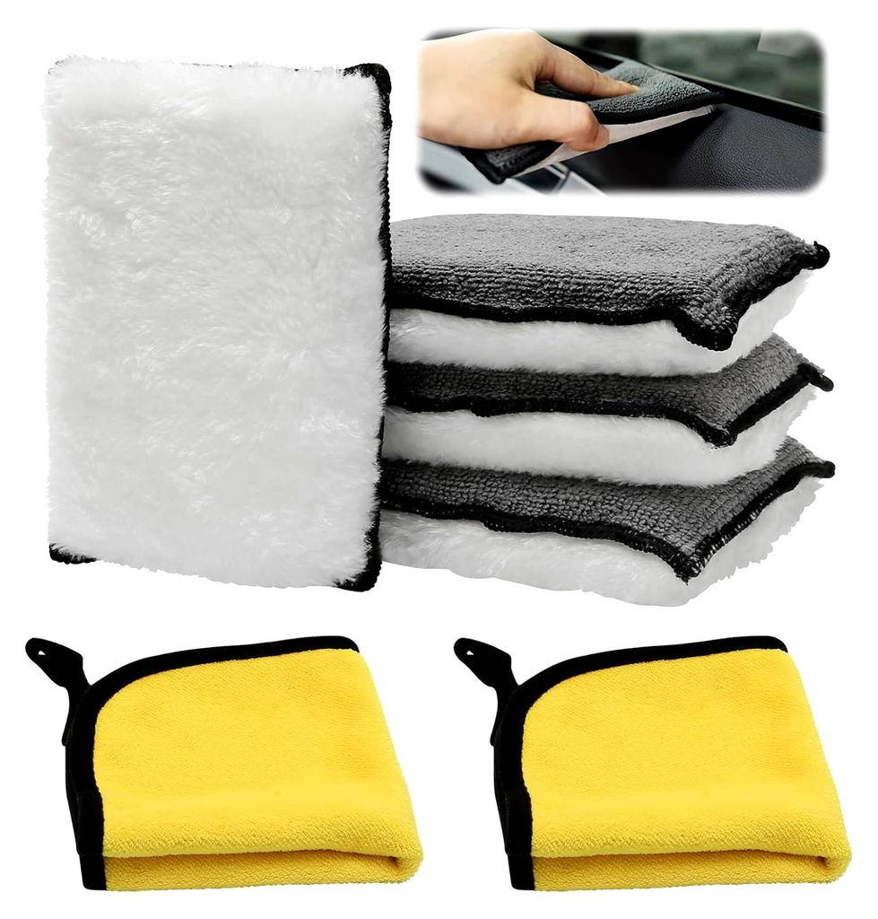 Mikrofaser Reinigungspads für den Auto Innenraum, 4 Stück mit 2 Plüsch Korallen Fleece Handtüchern, Reinigungsschwämme für Polster, Leder und...