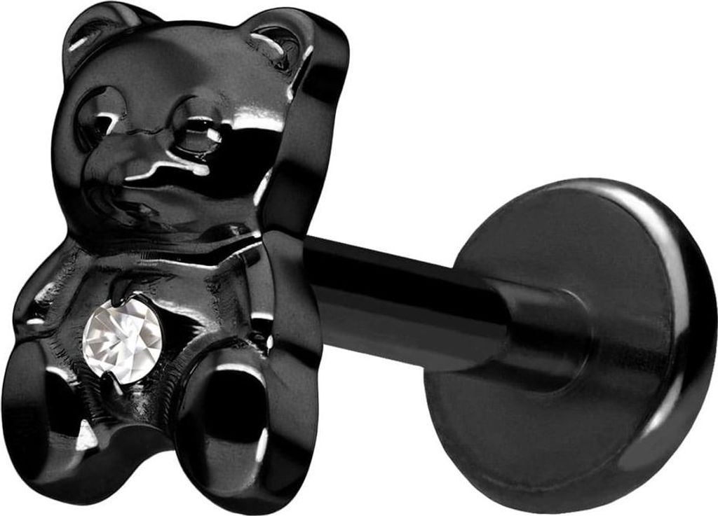 Ohrpiercing, Nasenpiercing Titan Labret mit Push Fit TEDDYBÄR Schwarz Stablänge: 9mm | Stabstärke: 1,2mm