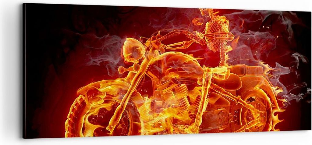 Bild auf Leinwand - Leinwandbild - Motorrad Flammen Skelett - 100x40cm - Wand Bild - Wanddeko - Leinwanddruck - Bilder - Kunstdruck - Wanddekoratio...