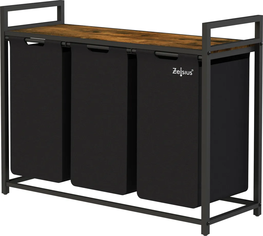 Panier à linge 3 compartiments avec étagère bois noir gain de place