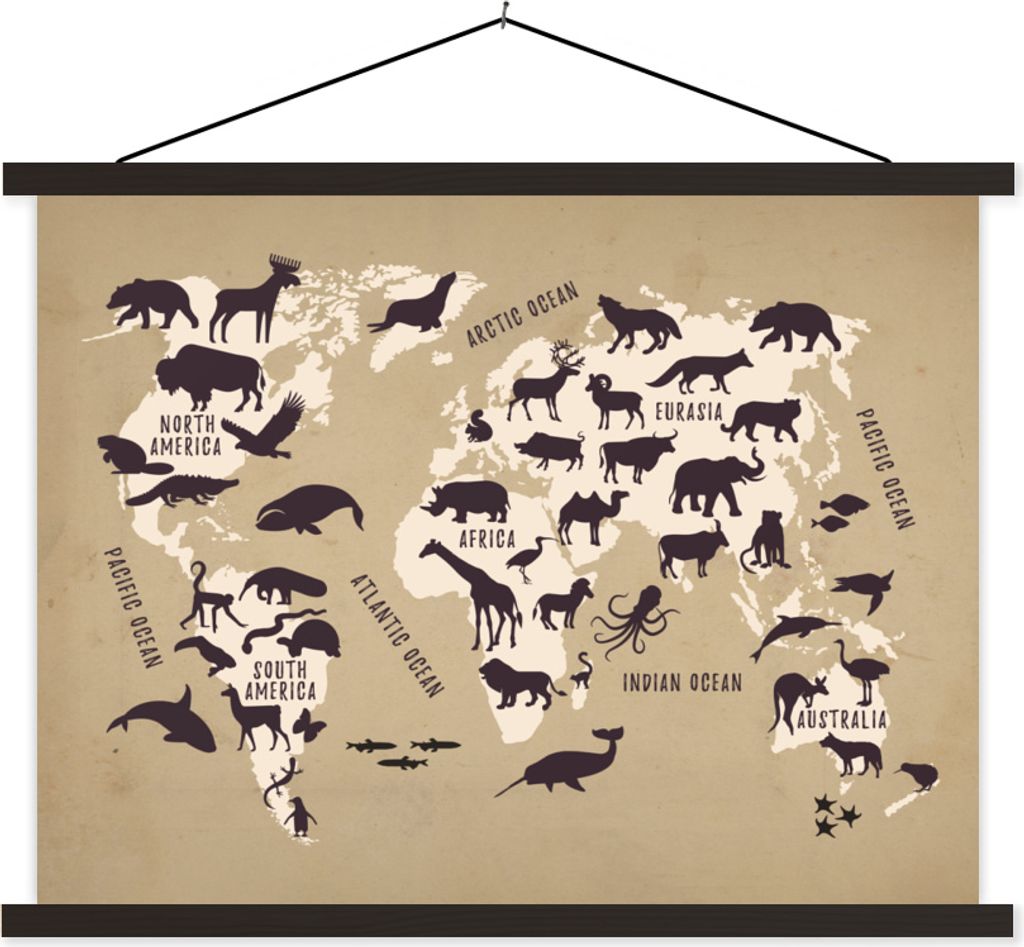 MuchoWow Textilposter Weltkarte - Tiere - Braun 150x113 cm mit schwarzem Rahmen - Wohnzimmer
