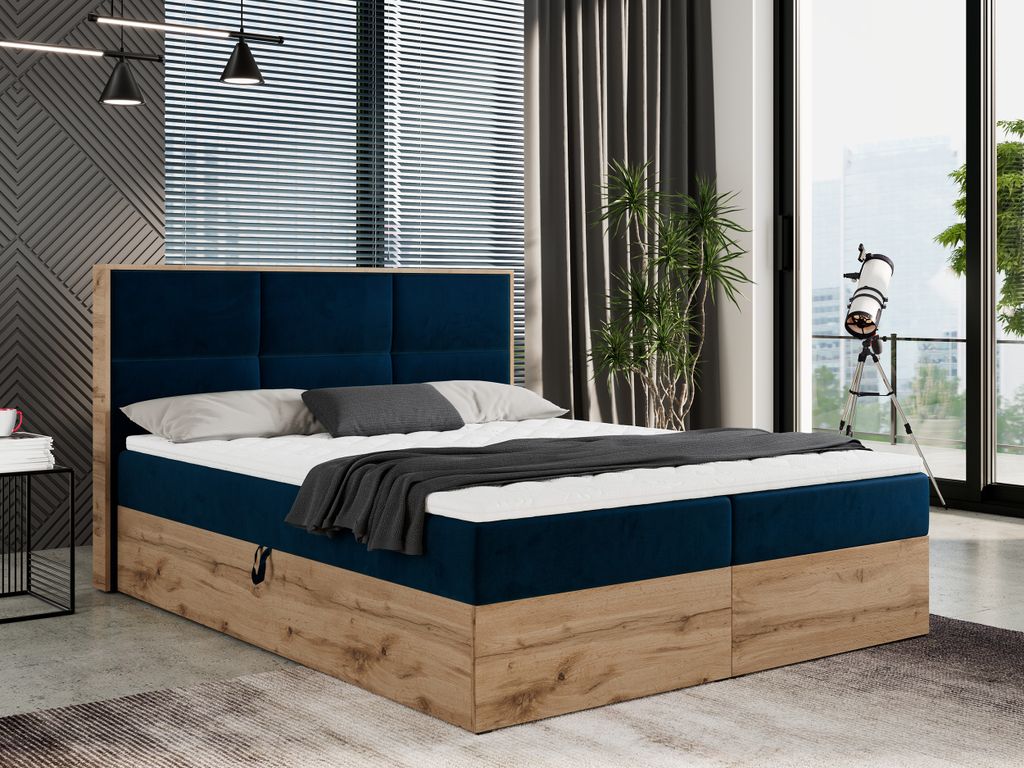 Boxspringbett, Doppelbett mit bettkasten - Albero-2 - 140x200cm - Dunkelblau - H3