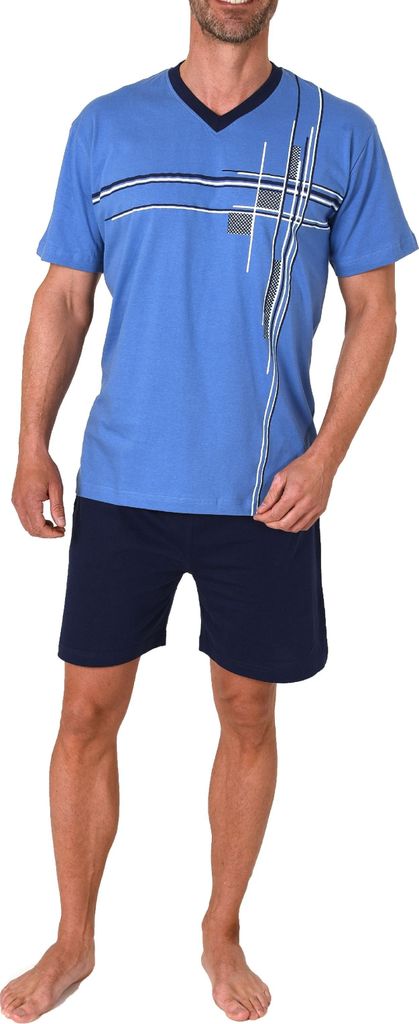 Eleganter Herren Shorty Schlafanzug kurzarm Pyjama mit Frontprint auch in Übergrössen ; blau , 68