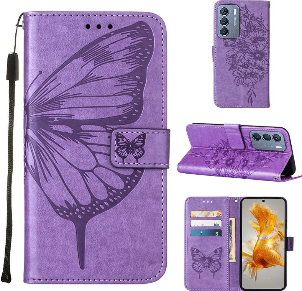 Custodia per Infinix Zero 5G 2023 Butterfly Relief Custodia in pelle flip con tasca per carte e supporto Viola
