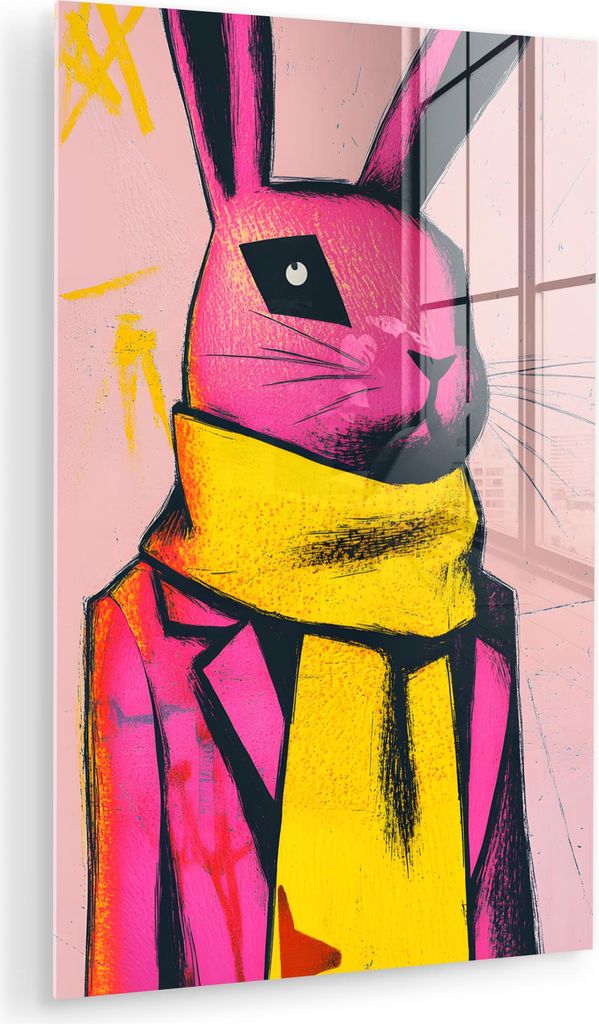 MuchoWow Glasbilder - Bilder auf Wandbild - Foto auf Glas Abstrakt - Kaninchen - Halstuch - Gelb 40x60 cm Wanddekoration aus Glas - Acrylglasbild -...