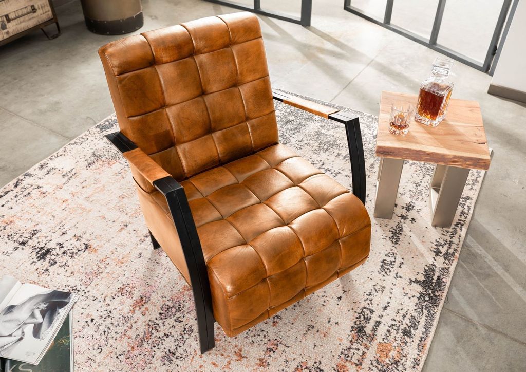 MASSIVMOEBEL24 Sessel Echtleder 64x76x83 cognac IRON LABEL Produktbild 