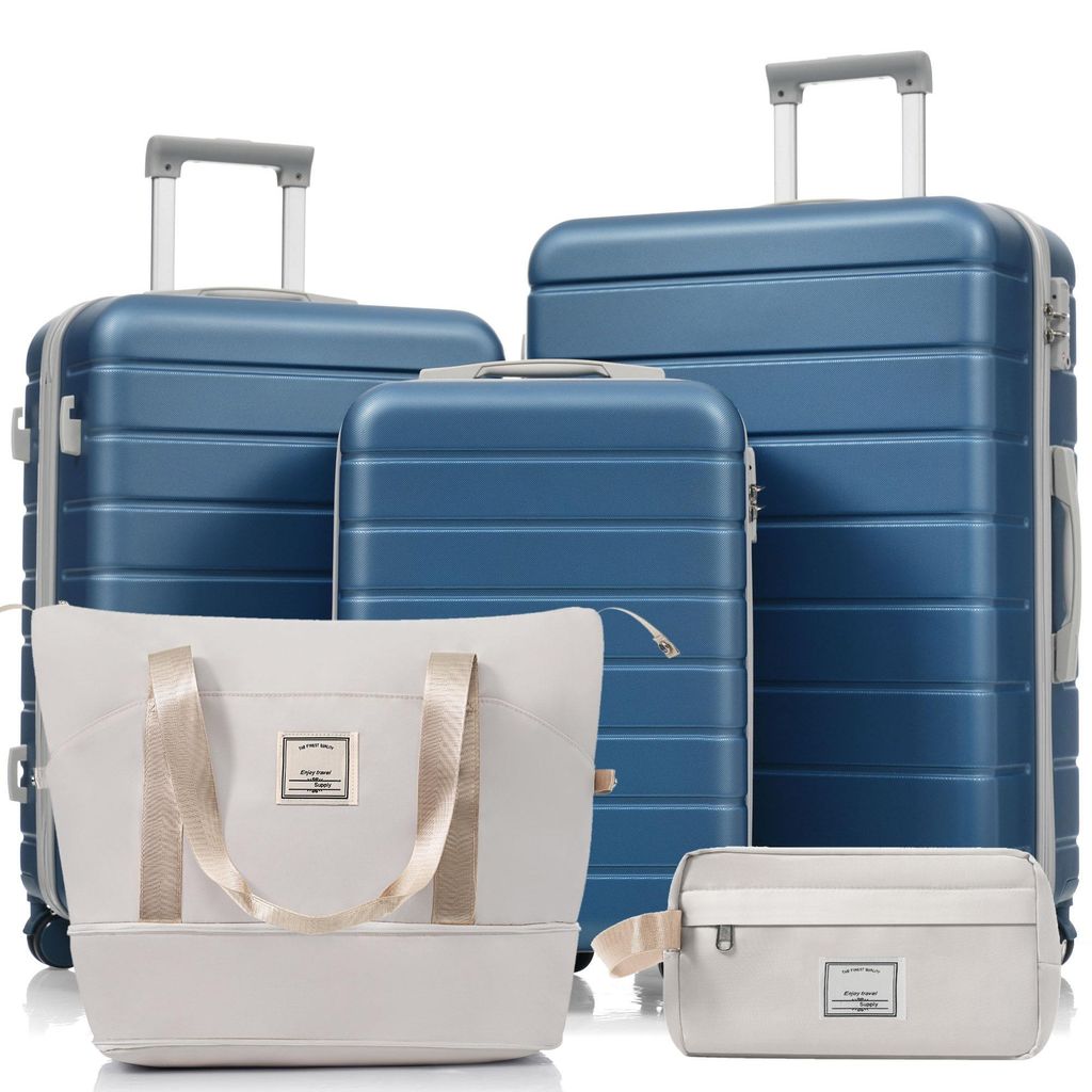 Flieks Trolley-Set Kofferset 5-tlg., 3 Trolleys mit 2 Reisetaschen, Hartschalenkoffer Gepäckset mit Kosmetiktaschenset, Blau