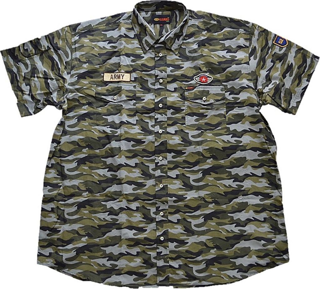 Übergrößen Kurzarm Hemd KAMRO Grün Camouflage Patches 4XL
