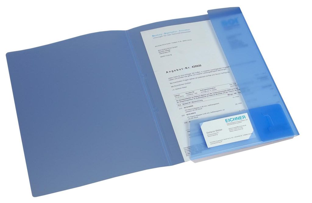 PP-Angebotsmappe, DIN A4, aus 0,5mm PP-Folie, semi-transparent, mit Abheftvorrichtung, mit Visitenkartenschlitzen, Blau, Verpackungseinheit: 25 STK