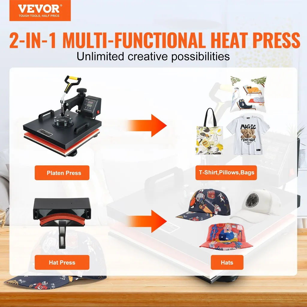 Presse textile pivotante 360° 1500W - Haute température Max 250 °C - 2