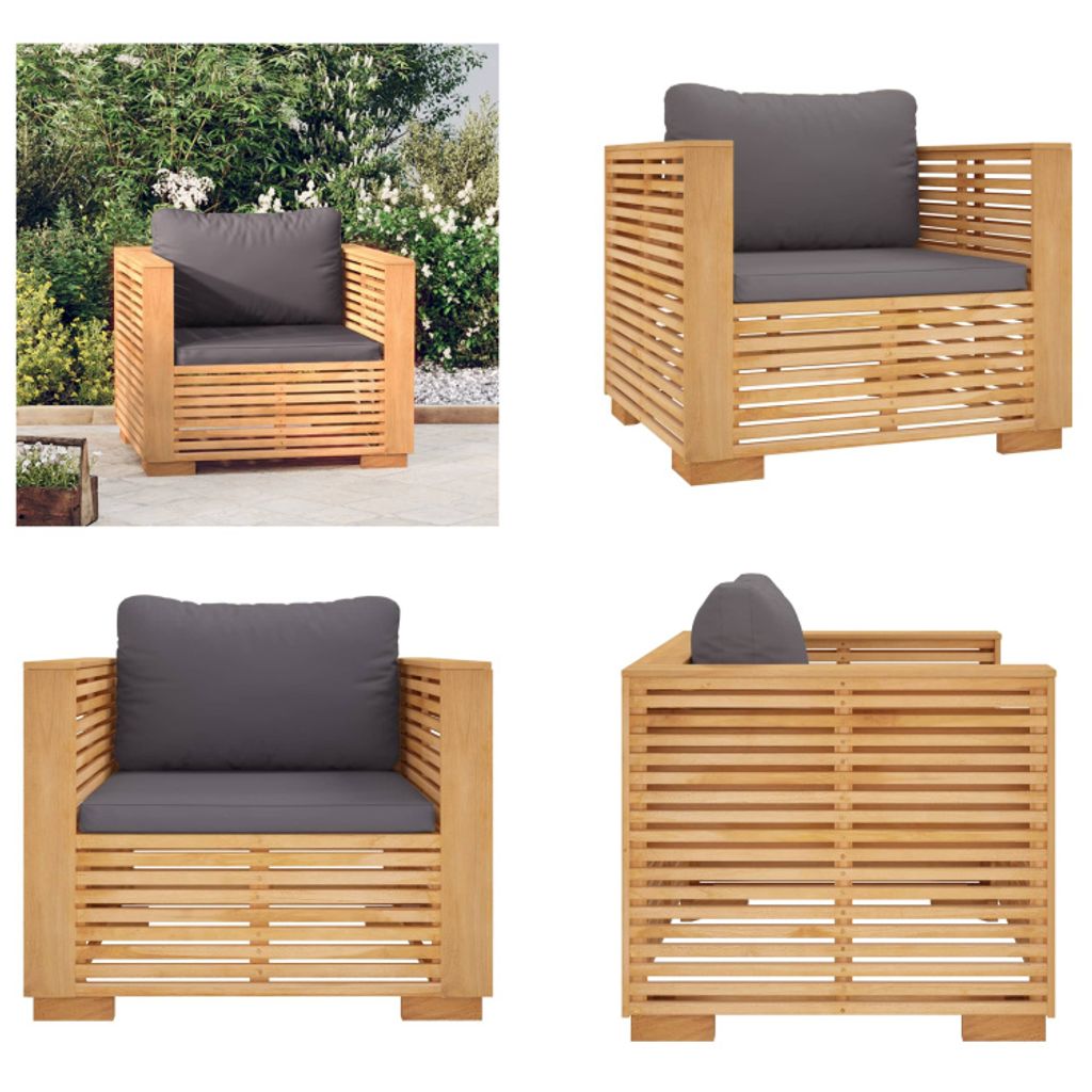 vidaXL Gartensessel mit Dunkelgrauen Kissen Massivholz Teak - Sessel - Sofa - Relaxsessel - 1-Sitzer-Sofa
