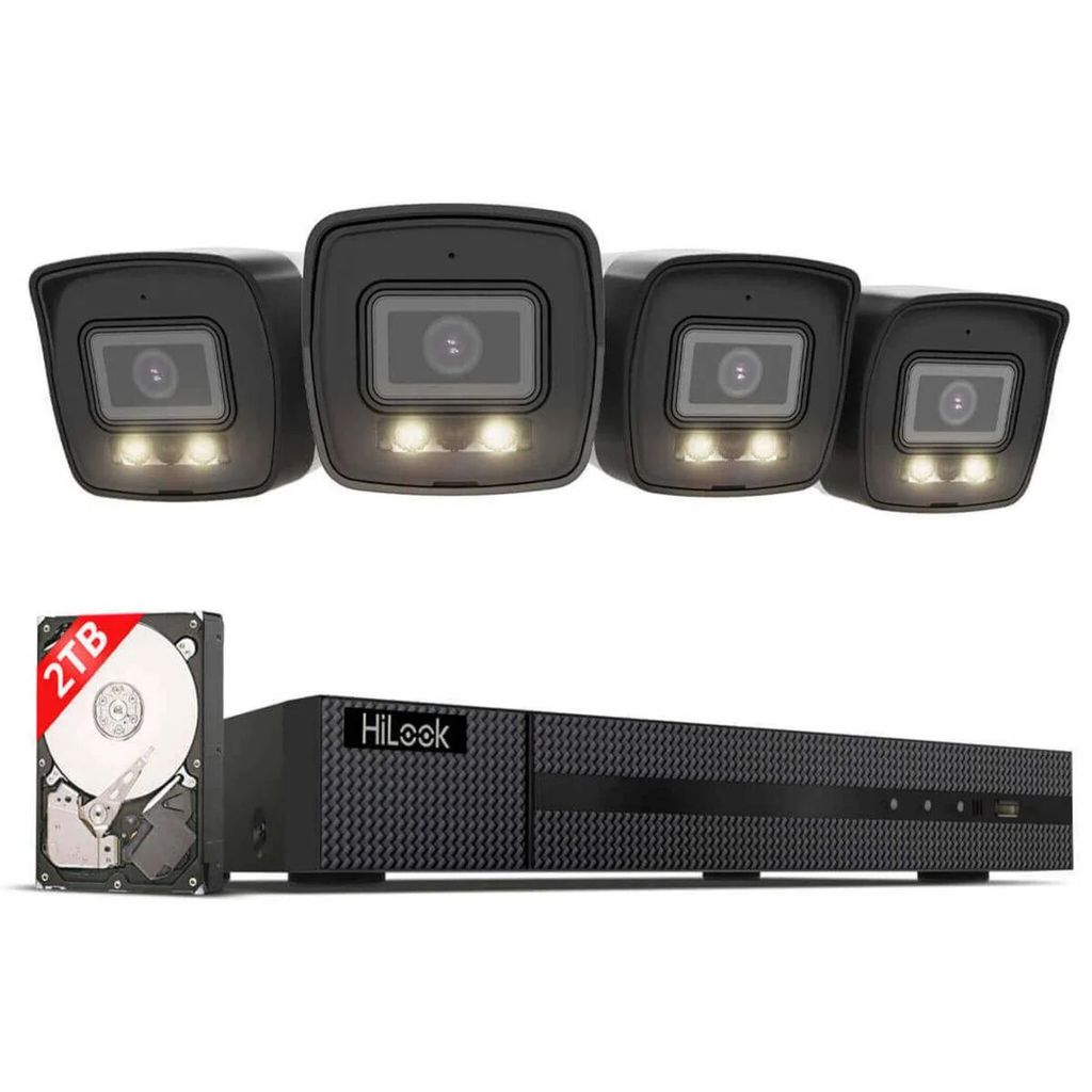 Hilook Überwachungskamera Set Außen 4x 8 MP/4K Bullet Kamera SD Karten-Slot Nachtsicht in Farbe, KI Personen-/Fahrzeugerkennung 8-Kanal NVR, 2 TB...