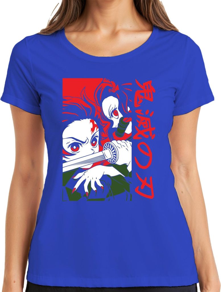 Kimetsu no Yaiba Nezuko Katana Anime Manga Japan Geschenk Cosplay Damen T-Shirt, Blau, M
