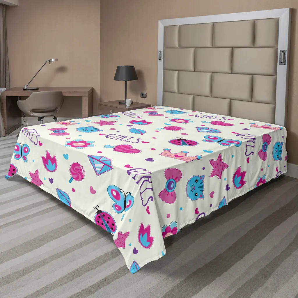 Drap plat pour lit décoratif fuchsia et bleu, motif doodle 275cm
