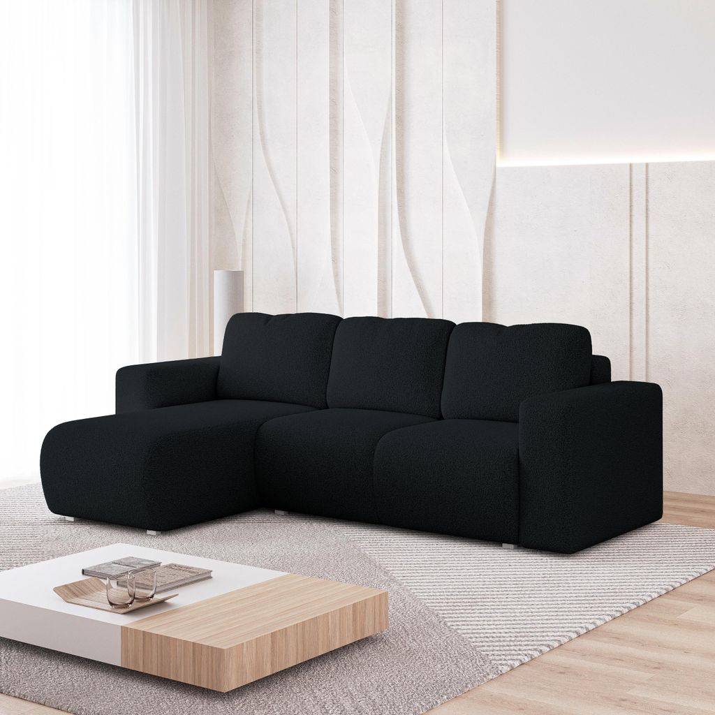 Masseno Ecksofa RINOVA mit Schlaffunktion L-Form, Sofa mit Bettkasten, Wohnzimmersofa, Couch, Soffa, Bettsofa, Couchgarnitur- Schwarz, QUELLE 100
