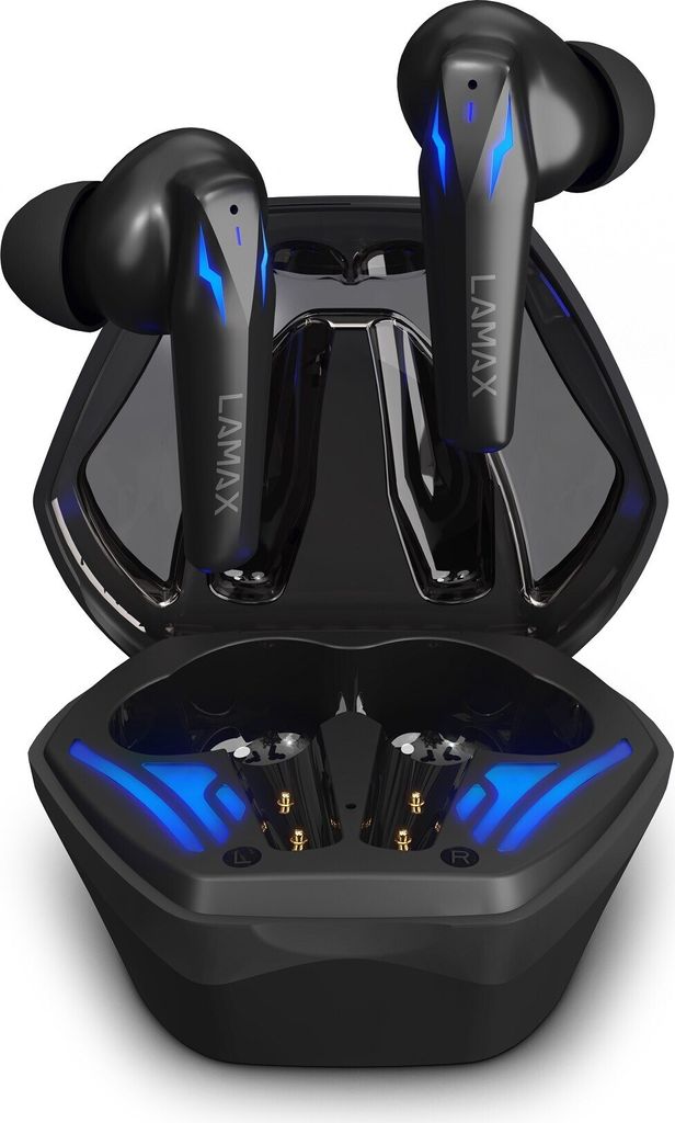 A pair of black wireless earbuds with blue LED accents, shown inside their charging case.