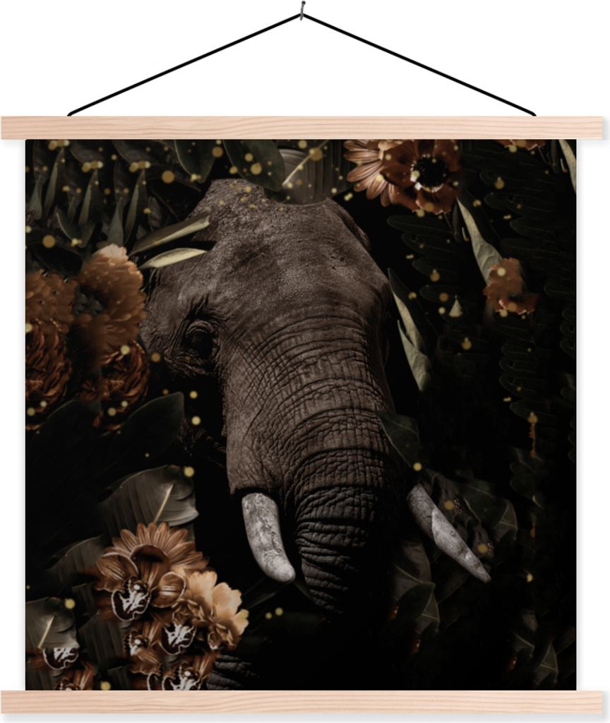 MuchoWow Textilposter Elefant - Blumen - Licht - Botanisch 60x60 cm mit holzfarbenen Rahmen - Wanddekoration