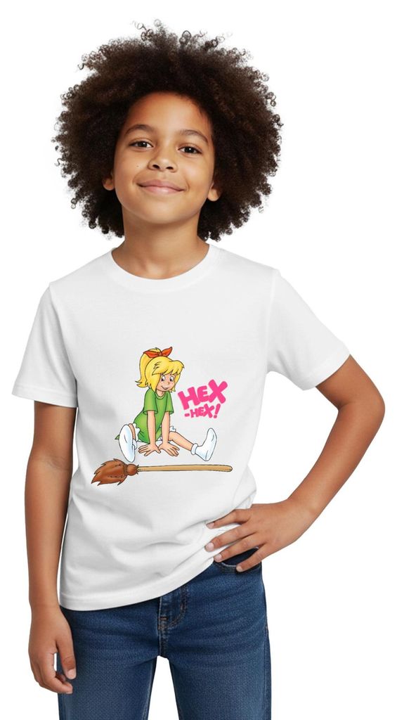 Spreadshirt Bibi Blocksberg Hex-Hex Flieg Los Kartoffelbrei Kinder T-Shirt, 110/116 (5-6 Jahre), Weiß