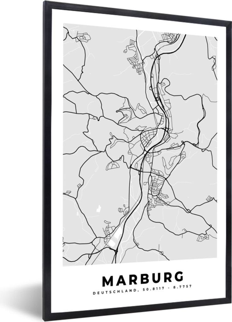 MuchoWow Gerahmtes Poster Stadtplan - Karte - Marburg - Deutschland 60x90 cm - Poster mit Schwarzem Bilderrahmen Wandposter Rahmen Foto Bilder - ...