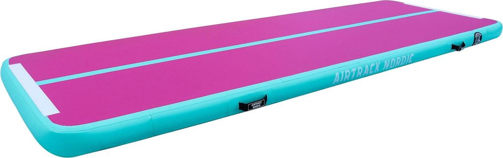 A long, inflatable air track mat in pink and teal colors, with a light blue stripe down the middle.
