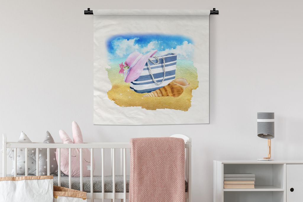 MuchoWow® Wandteppich Wandbehang Strandtasche - Hut - Produktbild 