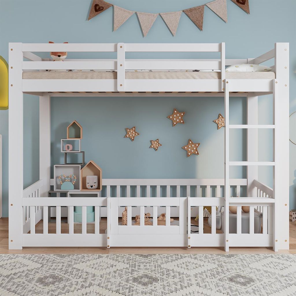 Kinderbett mit rechtwinkliger Treppe Geländer und Tür Absturzsicherung Etagenbett Jugendbett 90x200cm Weiß