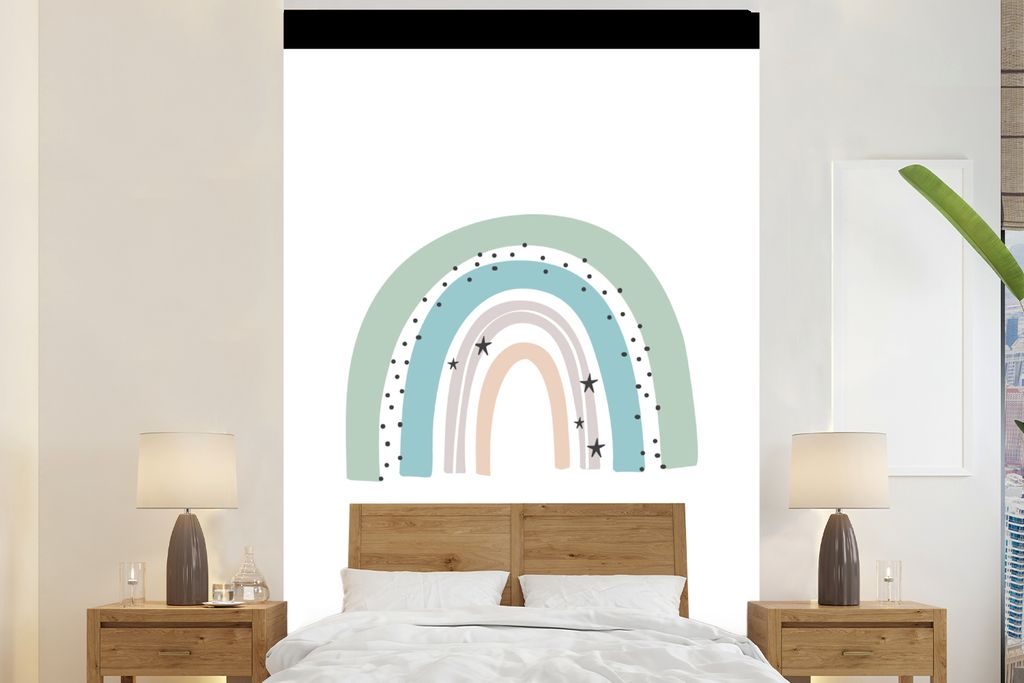 MuchoWow Fototapete für Wohnzimmer oder Schlafzimmer Wandtapete Vinyl Motivtapete Regenbogen - Kinder - Sterne - Tupfen - Pastell - 195x260 cm -...