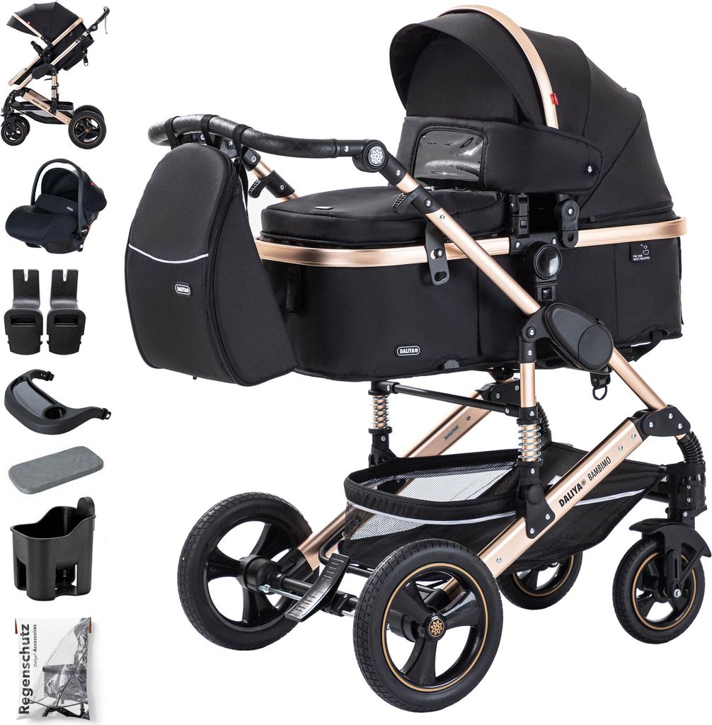 Daliya BAMBIMO 3in1 Kinderwagen mit i-Size Babyschale, Gummi-Rädern & Aluminiumrahmen, Travel-System mit 2in1-Babywanne/Sportsitz, Kombi-Kinderw...