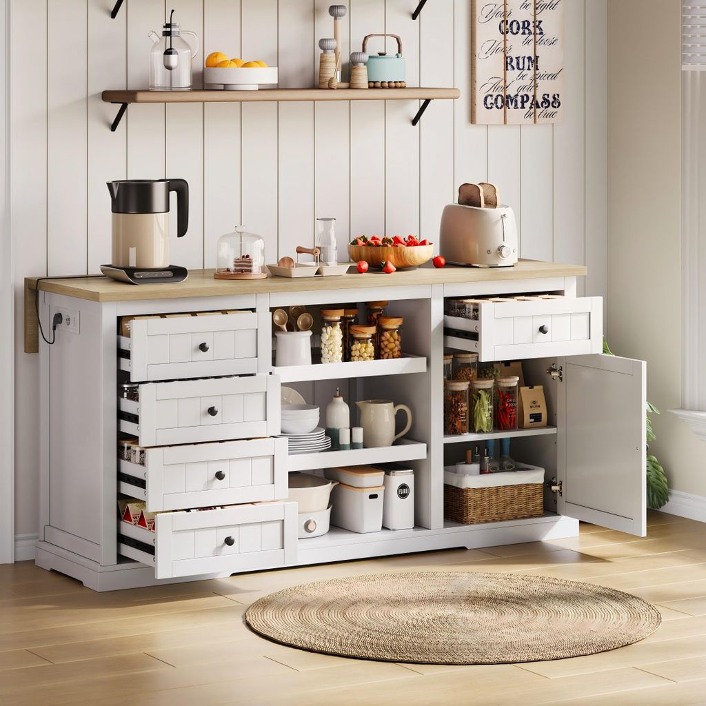 MODFU Kücheninsel Sideboard Beistellschrank mit klappbarer Erweiterungsplatte,mit 5 Schubladen und 2 Ausziehböden,Bar-Schrank mit integrierten St...