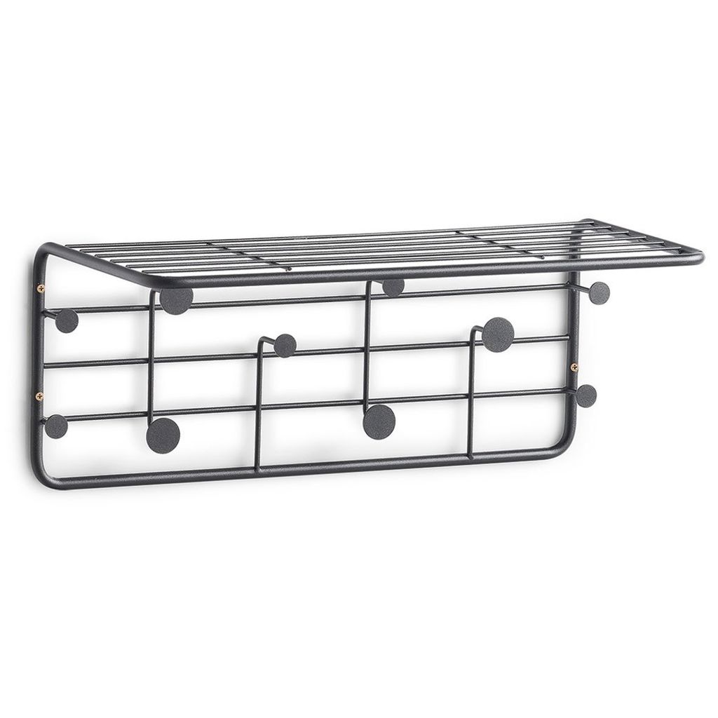 A black metal wall-mounted shelf and coat rack designed to resemble musical notation.