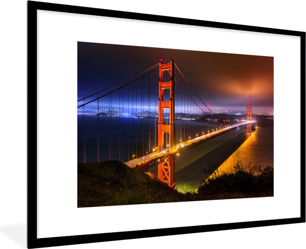 MuchoWow Gerahmtes Poster Die Golden Gate Bridge bei Nacht beleuchtet 90x60 cm - Poster mit Schwarzem Bilderrahmen Wandposter Rahmen Foto Bilder ...
