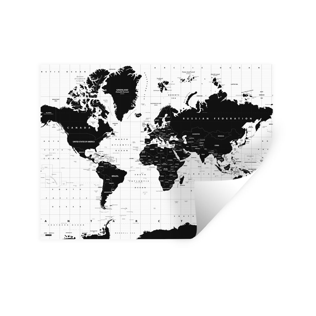 MuchoWow Wandtattoo Wandsticker Wandaufkleber Weltkarte - Schwarz - Weiß - Atlas - Erde - Bildung 160x120 cm Selbstklebend und Repositionierbar ...