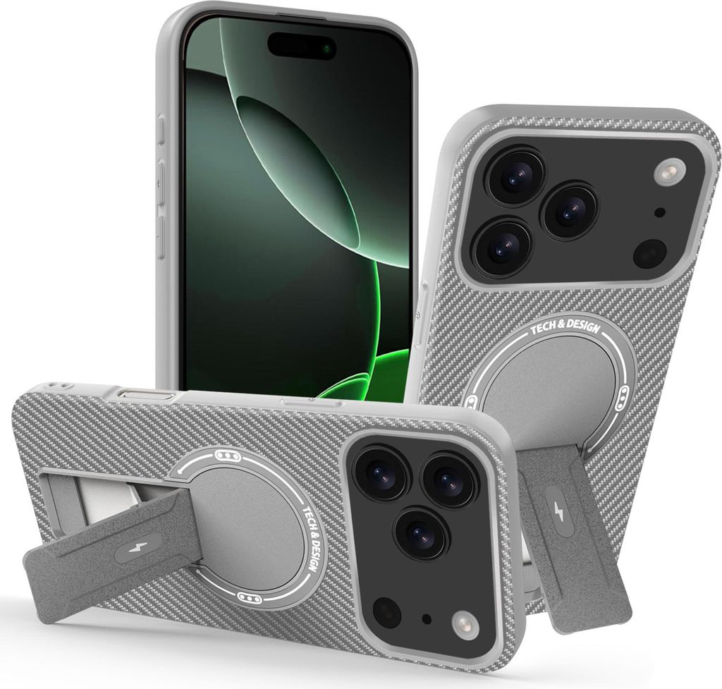 Hülle für iPhone 17 Pro Magnetisch Carbonfaser Design TPU Hybrid Handyhülle mit Ständer Grau