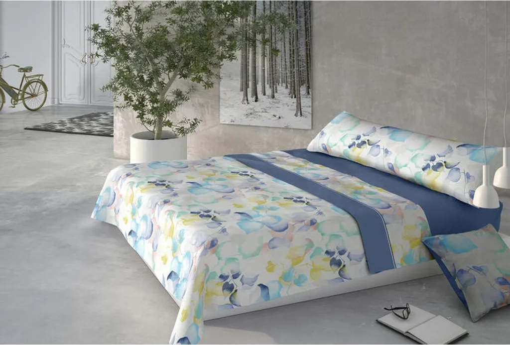 Housse de couette 90 cm motif feuilleté bleu en coton Pierre Cardin