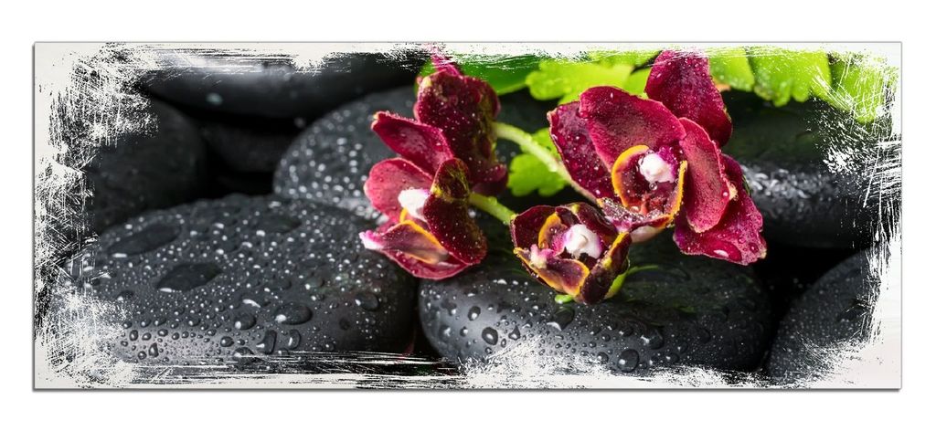 Wallario Kunstdrucke Wandbilder Holz in : Brillante Farben, Größe 50 x 125 cm Motiv Dunkelrote Orchideen-Blüte auf schwarzen Steinen mit Regentr...