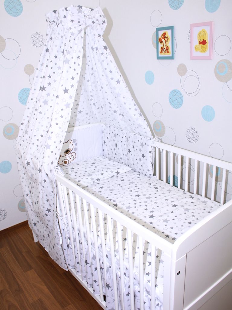 Primawela Baby Bettwäsche Set mit Applikation- 6 teiliges Set mit Vollstoff Himmel Bettset Nestchen - 9.Bärchen mit Herzen-Star Hell