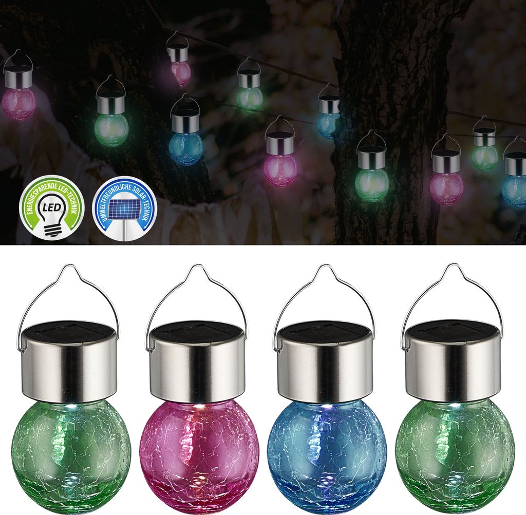 LED Solarleuchte Crackle 4er Set pink blau hellgrün 9x13cm Produktbild 