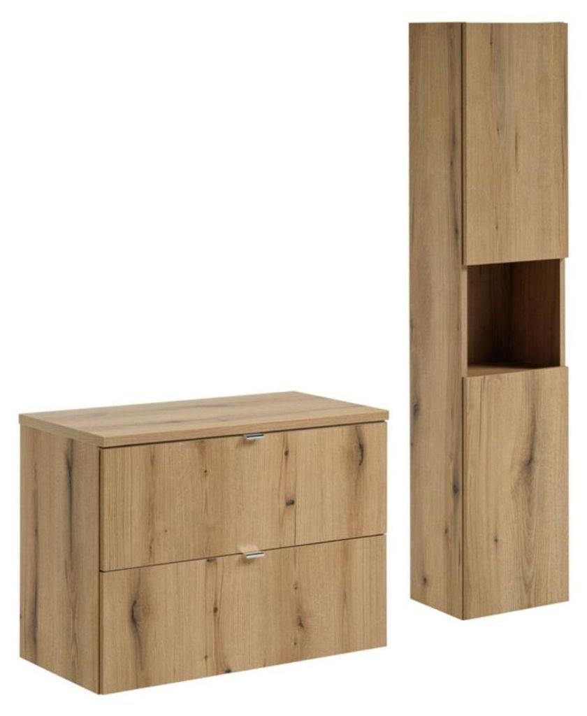 Hängendes Badezimmer-Set VANO in Eichenoptik 110cm: Unterschränke mit Schubladen + Waschtischplatte + Hochschrank
