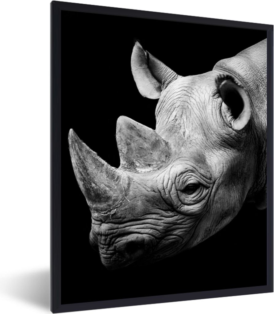 MuchoWow Gerahmtes Poster Tiere - Nashorn - Schwarz - Weiß - Porträt 30x40 cm - Poster mit Schwarzem Bilderrahmen Wandposter Rahmen Foto Bilder...