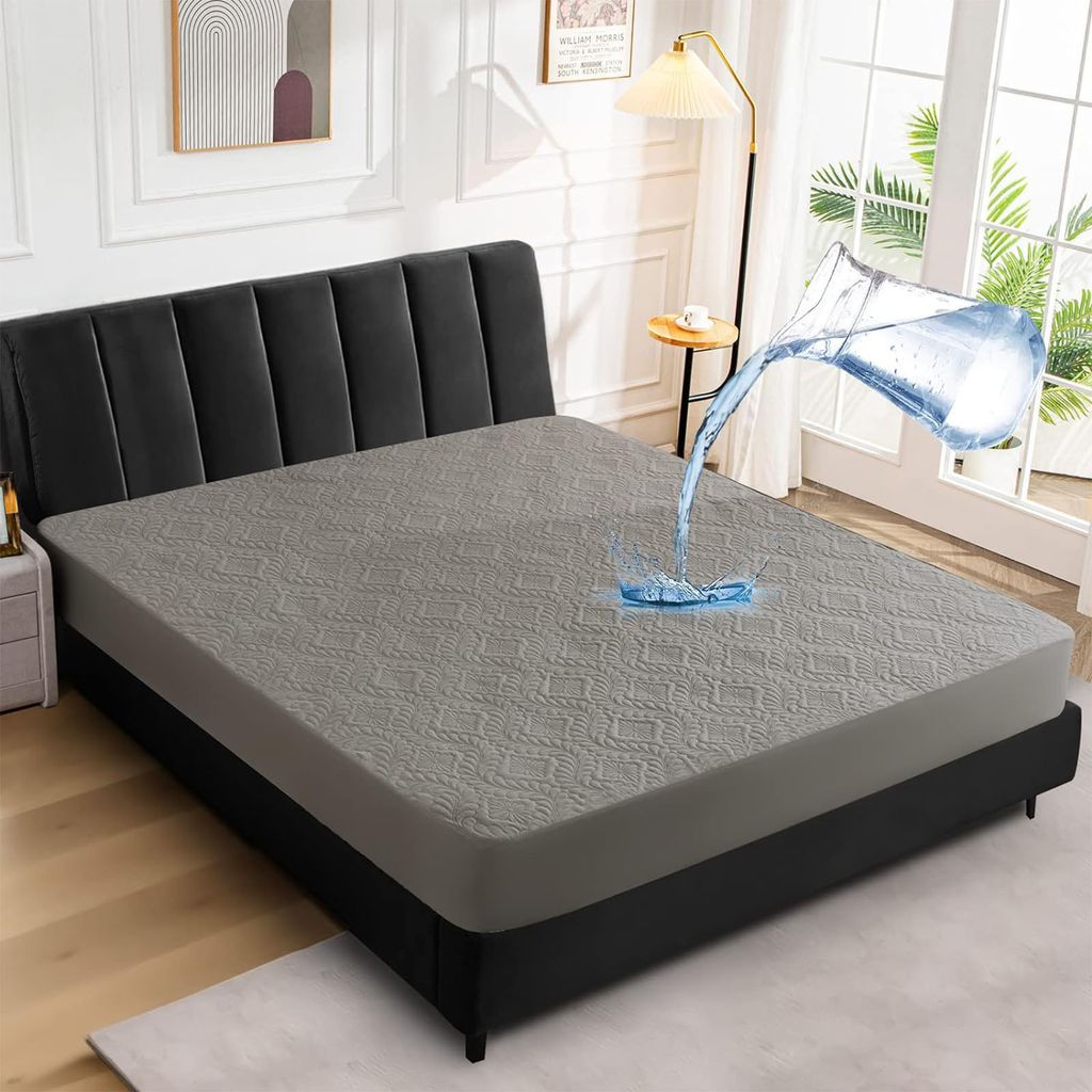 MODFU Matratzenschoner 180 x 220 cm Wasserdicht, Mit Elastisch Eckbändern, Matratzenauflage Atmungsaktive, Matratzenschutz Grau