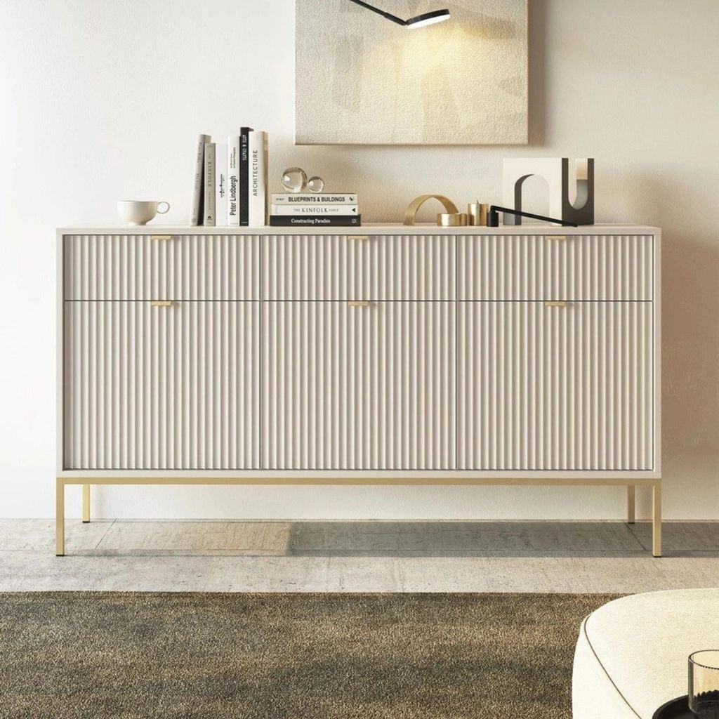 Sideboard Kioto 154 cm Kaschmir Beige & Gold – Rillenfront, Produktbild 