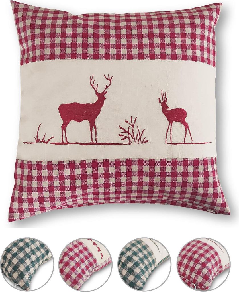 wometo Kissenhülle Zierkissen 40x40 OEKO-TEX - Landhaus-Stil Dekokissen Sofakissen Stick Hirsch rot kariert, Karo rot heller Hintergrund Reißvers...