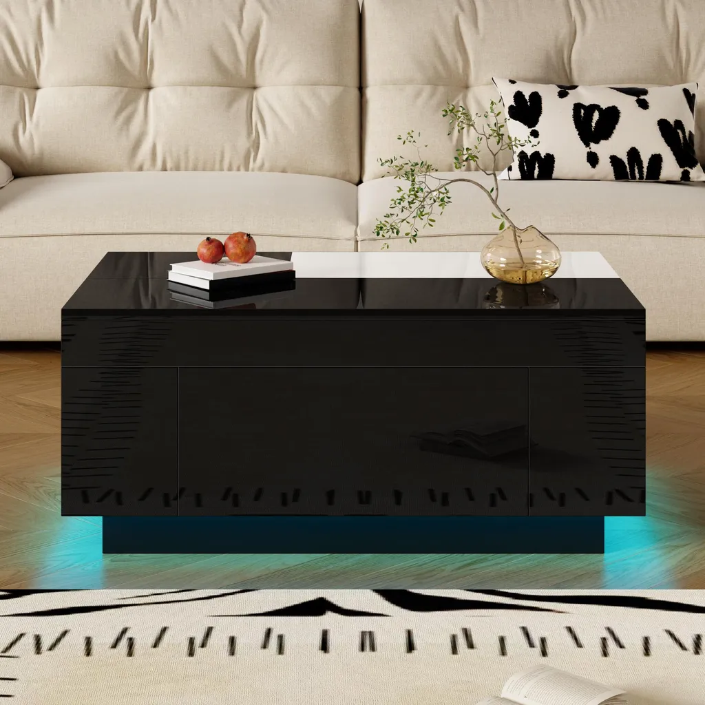 Table basse de salon design laquée avec LED réglables et rangement discret