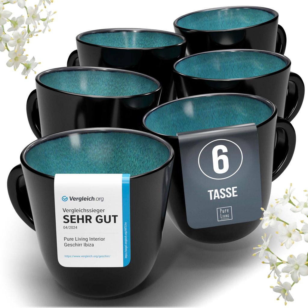 Steingut Kaffeetassen 6 Pers. Ibiza Hochwertiges Mediterranes Tassen Set, Spülmaschinen-, Mikrowellen- und Kratzfest - Tee- und Kaffeebecher Set