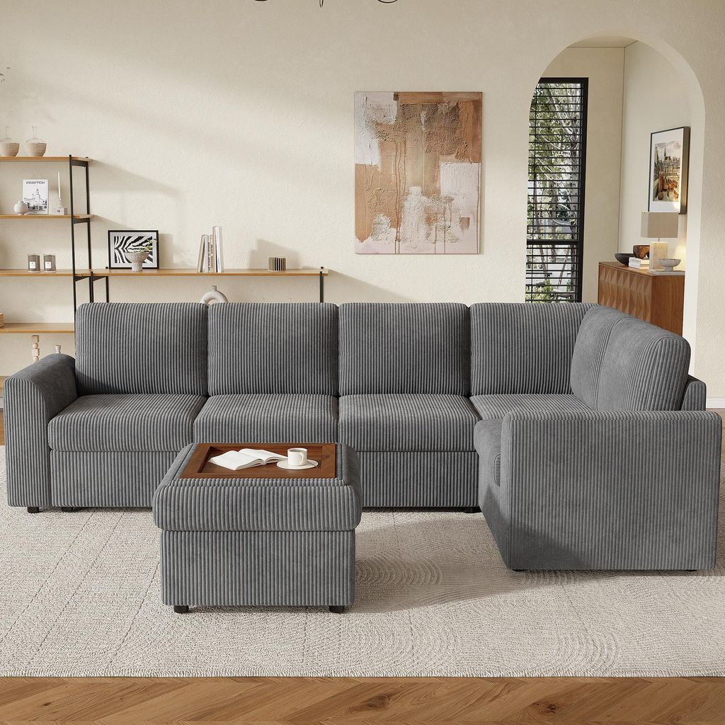 Clinvia Modernes Sofa im modernen Stil,Corduroy L-förmiges Ecksofa mit Armlehnen, 1 beweglicher multifunktionaler Hocker, einfache Montage, hochdi...