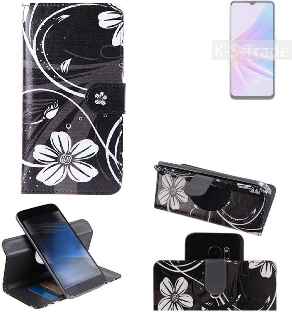 K-S-Trade Schutzhülle Handyhülle kompatibel mit Oppo A78 5G Hülle 360° Wallet Case ''Flowers'' Klapphülle Hülle schwarz-weiß 1x