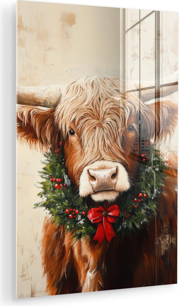 MuchoWow Glasbilder - Bilder auf Wandbild - Foto auf Glas Weihnachten - Schottisches Hochlandrind - Braun - Kranz 80x120 cm Wanddekoration aus Glas...