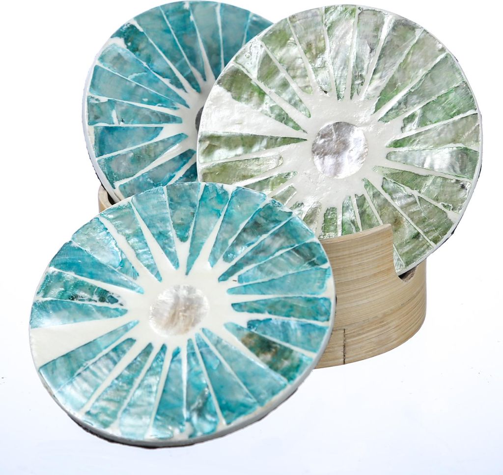 Getränkeuntersetzer - mediterranes Muster - Keramik - D: 9cm - rund - natur, grün, blau - 4er Set