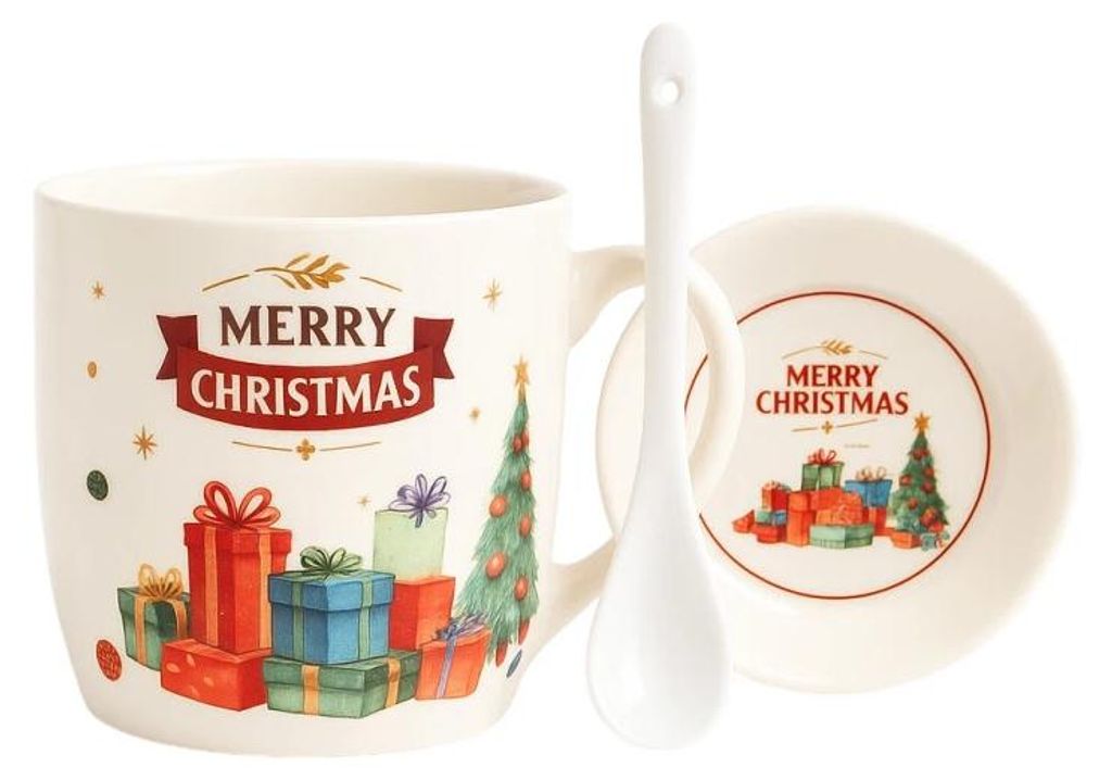 eCa KB17WZ3 Weihnachts-Geschenkset – Keramikbecher, Löffel, Untertasse, 400 ml
